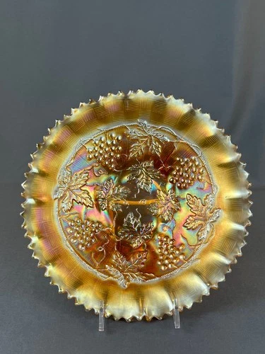 Northwood GRAPE & CABLE Marigold Carnival Glass 8 ½” Ruffled Bowl c. 1910: MINT