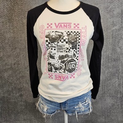 Vans Womens Raglan Baseball Graphic Tee Black Cream Pink Long Sleeve Small