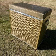 Vintage Retro Mid-Century Clothes Hamper Gold Modern Quilted Hangers Legs Seat ￼