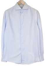 SUITSUPPLY Men's Formal Shirt 40/15 3/4 Extra Slim Blue Cotton Twill Striped 