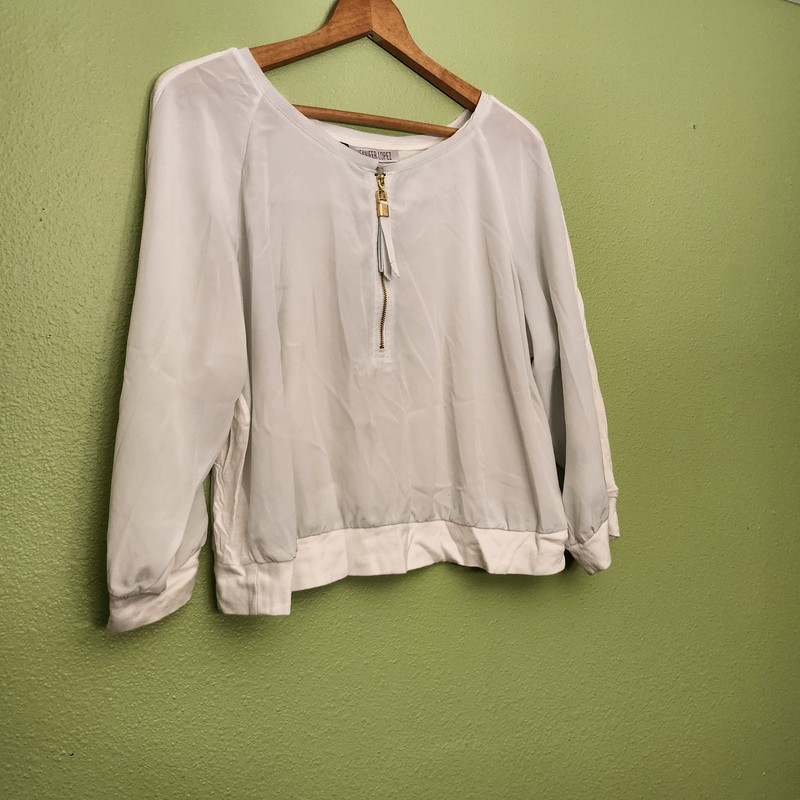 Jennifer Lopez Blouse White Long sleeve  V-neck with Gold Toned Zipper Women XL