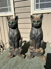 ANTIQUE BLACK CAT GREEN GLASS EYES ANDIRONS WITH STANDS ICC. CO.