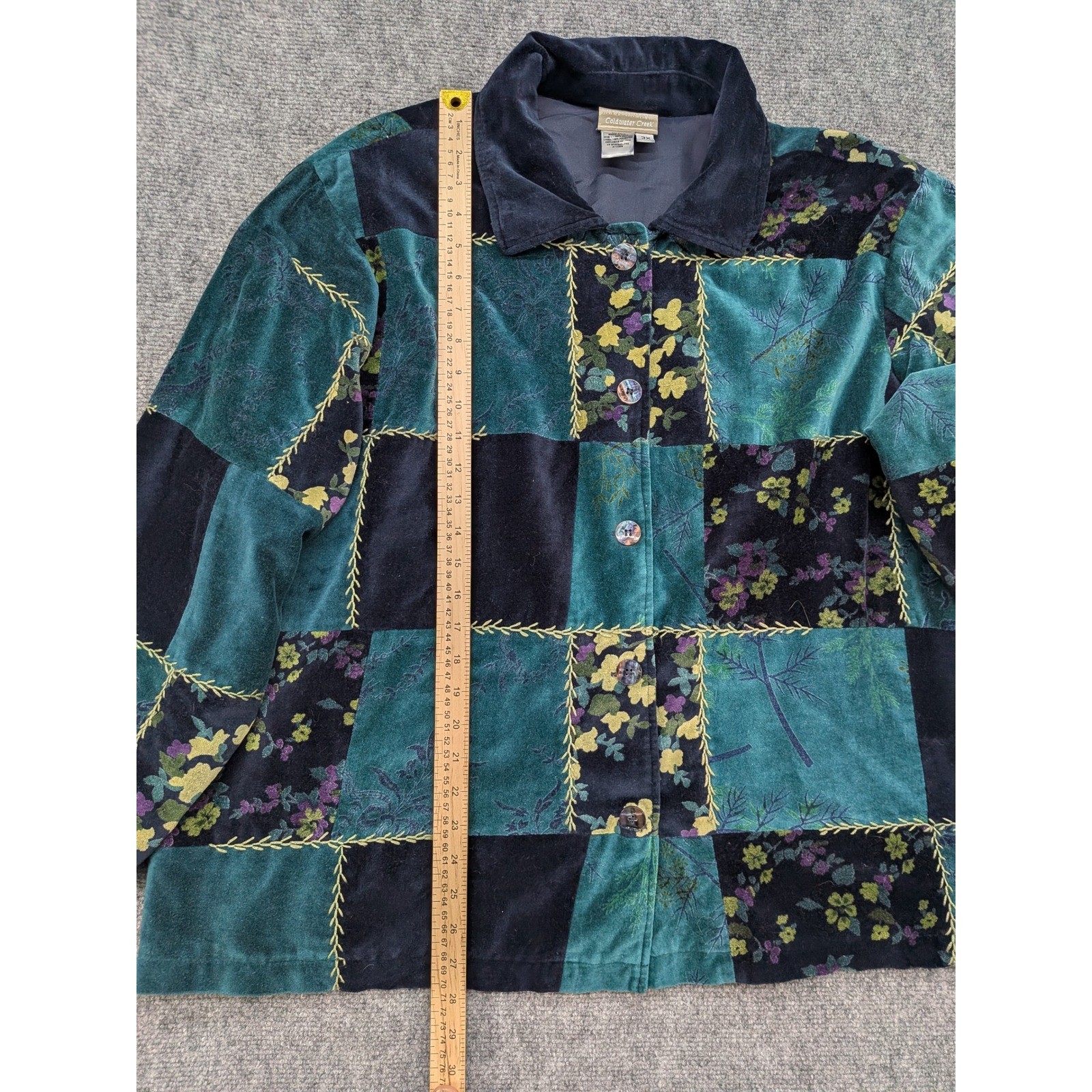 Velvet Patchwork Floral Button Up Jacket Teal 3X … - image 2