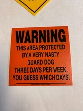 Miniature Warning Guard Dog Funny Vinyl Sign Sample 3.75" New USA Orange