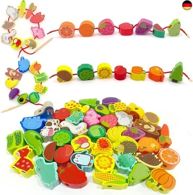 ANSHUKE Holzspielzeug Fädelspiel Lernspielzeug, 42 Stück Obst Tiere Gemüse Fädelperlen,