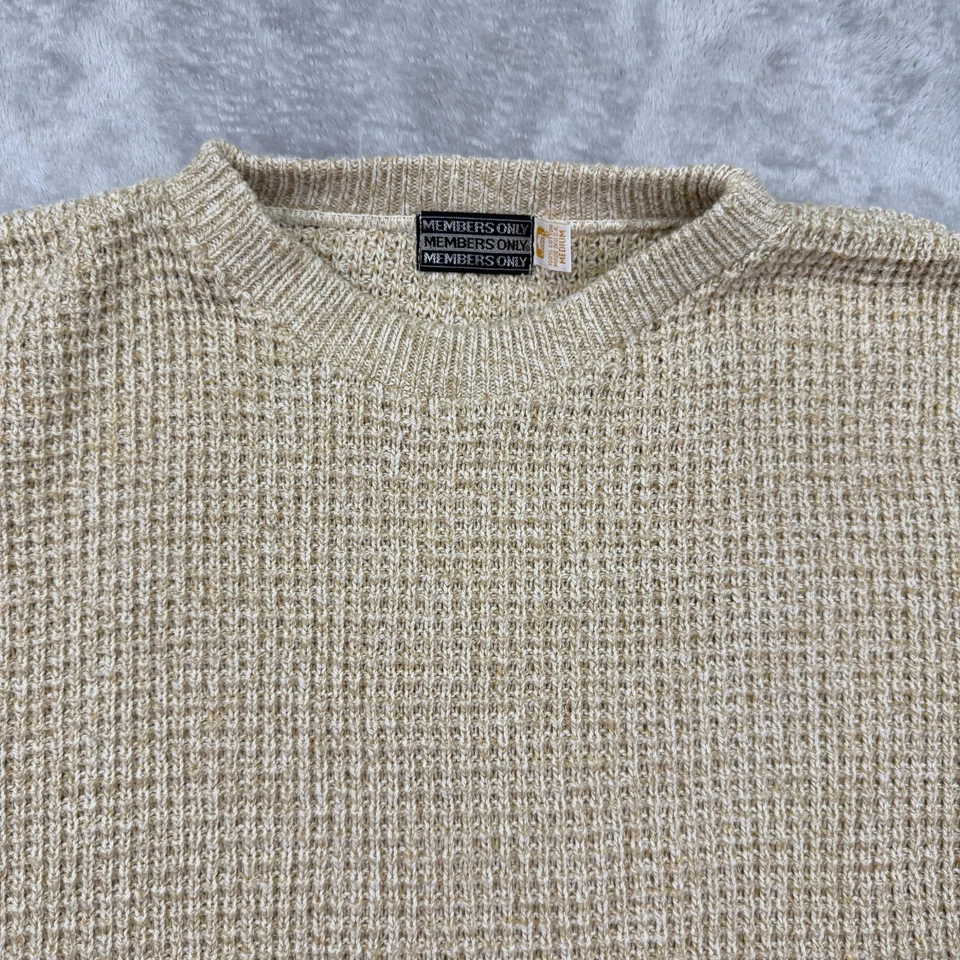VTG 90s Members Only Sweater Men Med Beige Cotton Textured Waffle Knit Relaxed - Image 3 of 4