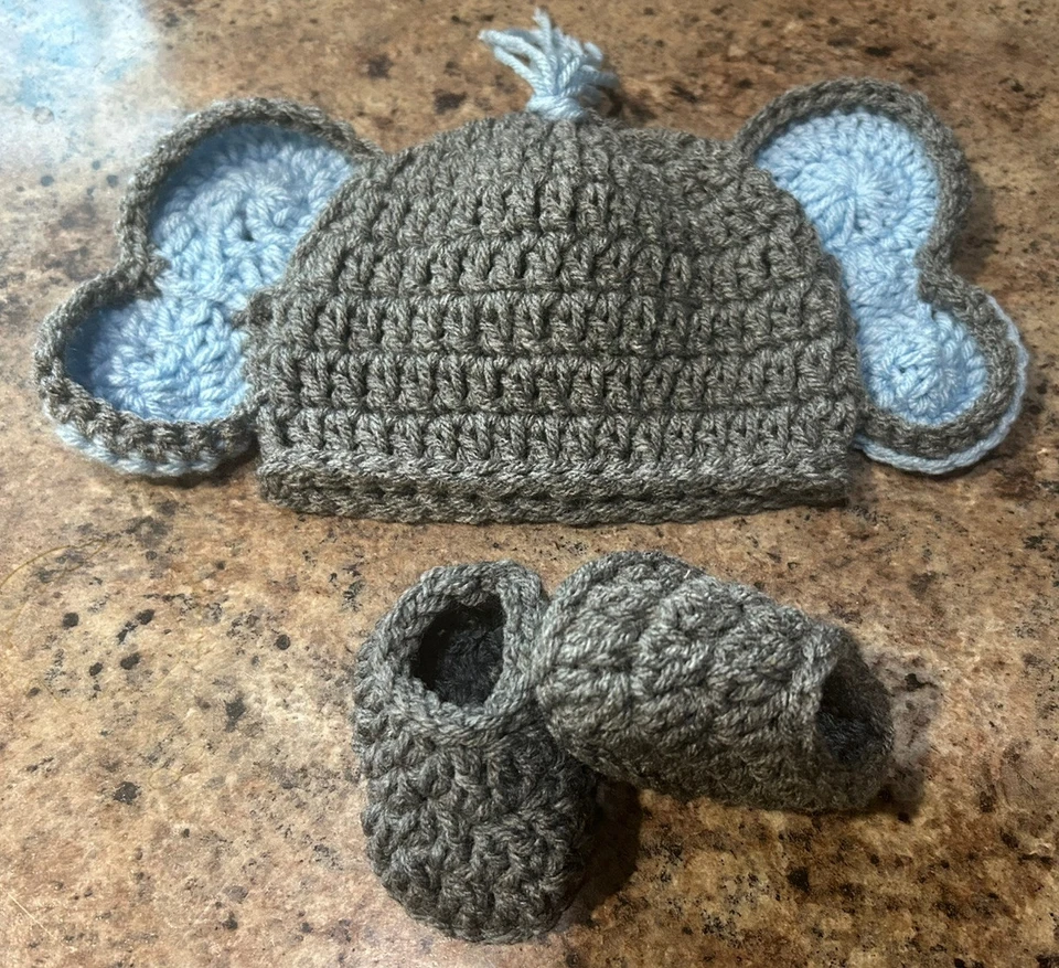 Hecho a mano ganchillo recién nacido - 3 meses bebé elefante sombrero botines conjunto foto utilería disfraz Foto 4 de 4