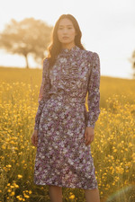 Dress S Vtg 70s 80s Poly WHIMSY FLORAL Print RUFFLE Neck JABOT Cottagecore MIDI