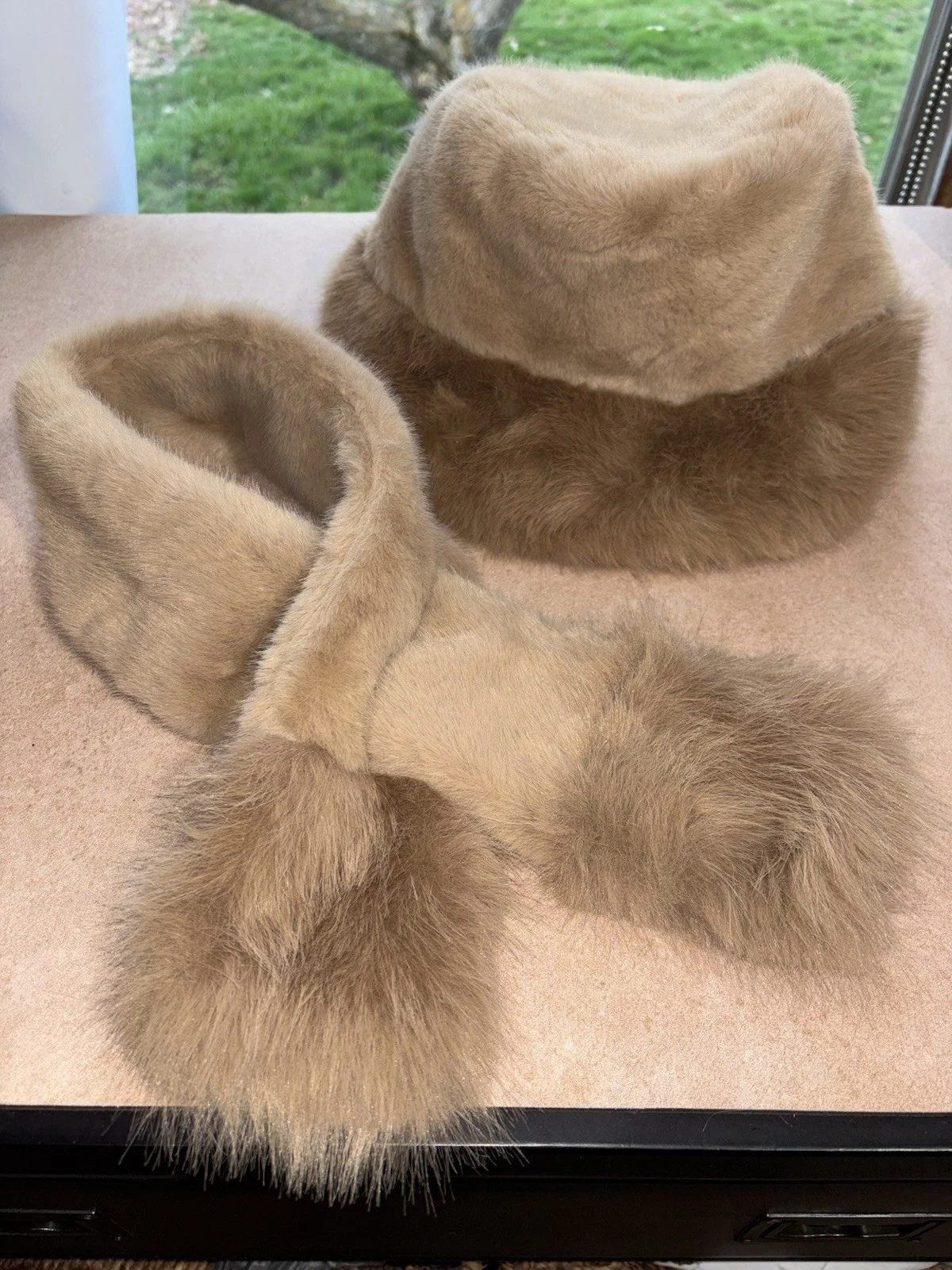 New Brown Women Bucket Hat Scarf Set Winter Faux Fur Brim Plush SnowCap FastShip