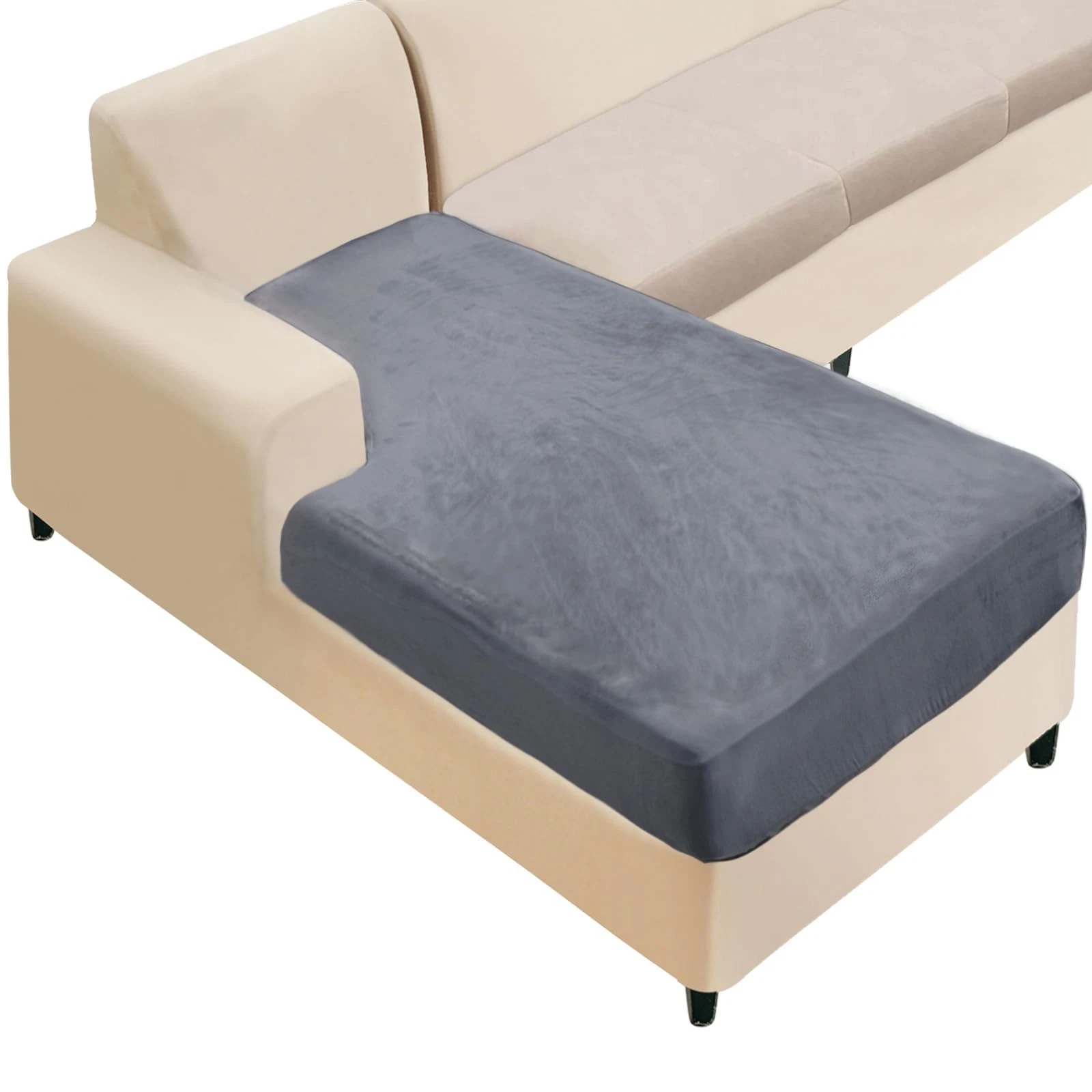 NAISI Sectional Couch Cover 1 Piece Velvet Separate Chaise Lounge, Dark Grey