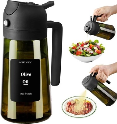 Olive Oil Dispenser and Oil Sprayer - 470ml Glass Lightproof Oil Pourer for Kitc