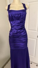 Purple Satin Ruched Cut Out Back Square Neck Strappy Formal Gown Dress