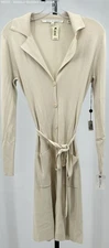 Max Studio Women's Beige Ribbed Button Down Dress Medium Long Sleeve Tie Waist