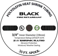 30 FT. 30' Feet BLACK 3/4" 19mm Polyolefin 2:1 Heat Shrink Tubing Tube Cable UL