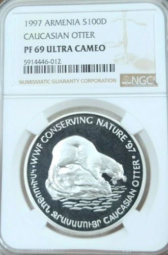 1997 ARMENIA SILVER 100 DRAM CAUCASIAN OTTER NGC PF 69 ULTRA CAMEO RARE TOP POP