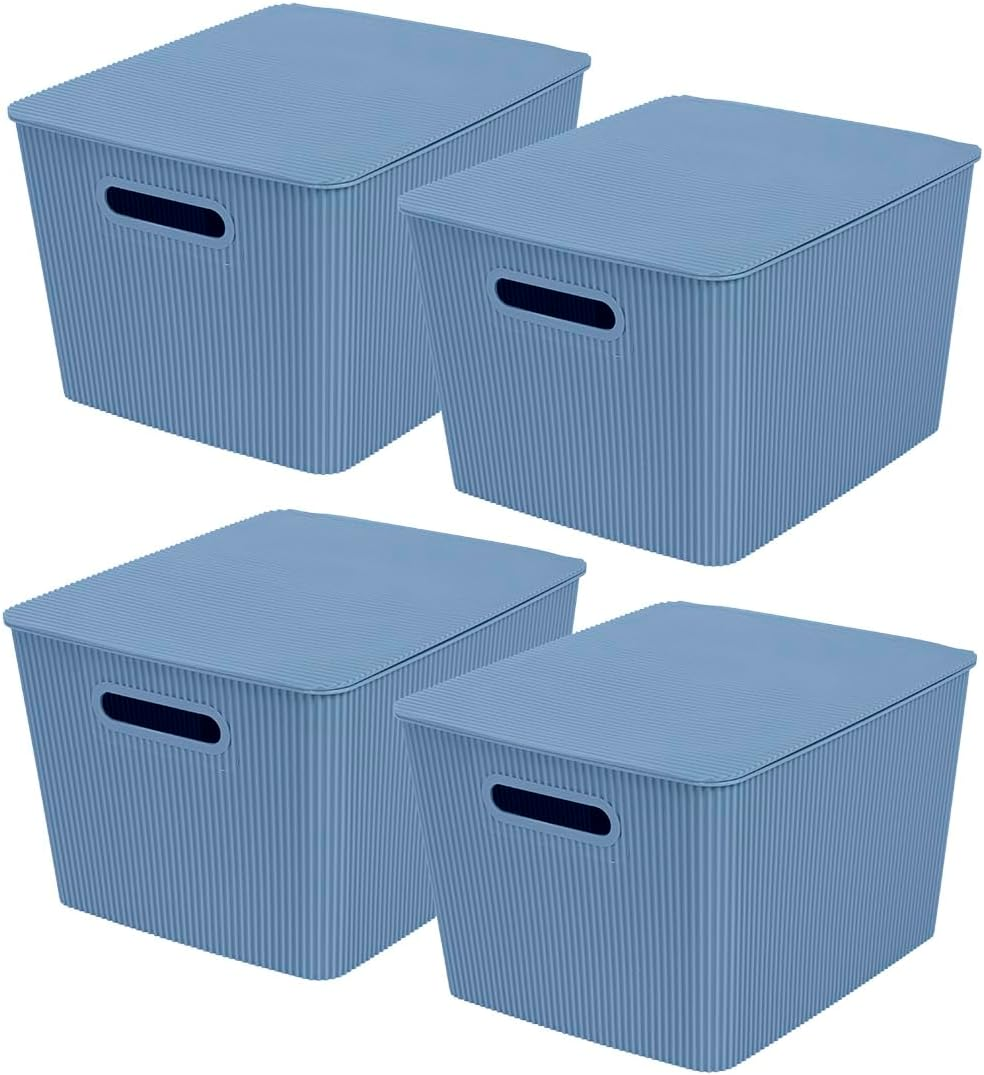 Storage Baskets with Lids - Set of 4 Stackable Plastic Boxes with Handles - Deco-image