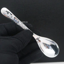 Pure 999 Fine Silver Spoon Healthy Dinnerware Round Dragon Phoenix Baby Spoon