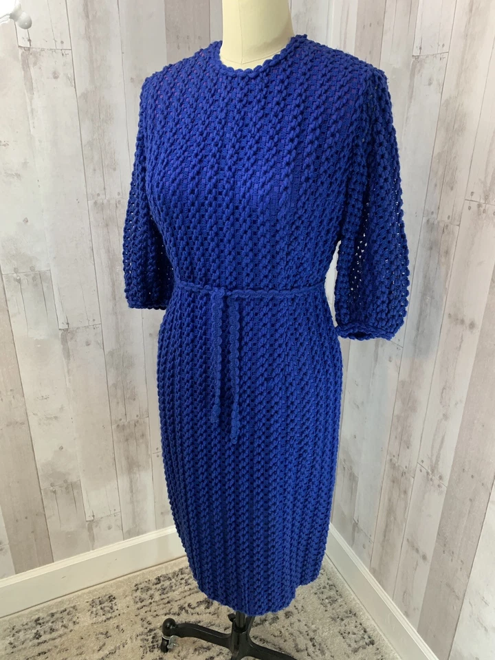 Vestido tejido de lana Edith Flagg vintage de los años 70 de diseñador azul real movible 38+ busto Foto 4 de 4