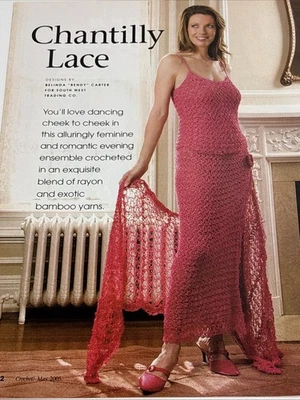 Chantilly Lace Evening Top Skirt & Shawl Crochet Pattern Pages From Magazine - Image 1 of 4