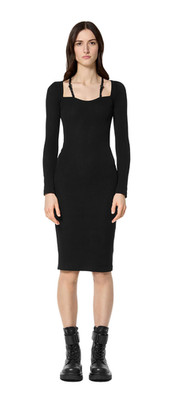 Versace Jeans Couture Long Sleeve Fitted Black Dress with Logo Strap