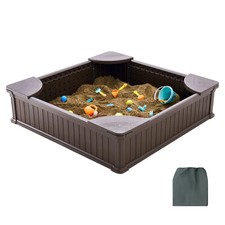 Square Kids Sandbox with Cover, 4 Corner Seats  Bottom Liner Outdoor Sand Pit f