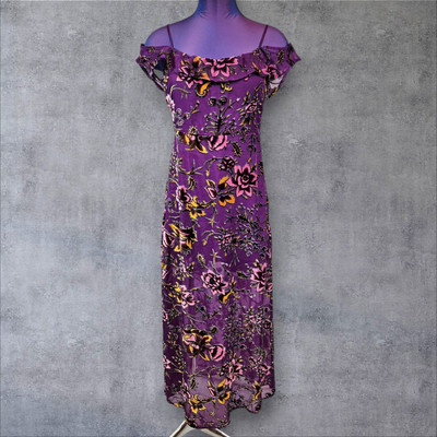Honey Punch Aubergine Velvet Floral Print Off the Shoulder Midi Dress Medium D58