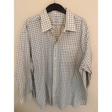 H. Stockton Atlanta Mens XXL Button Down Shirt Blue Tan Plaid USA Made Tailored