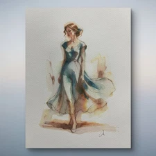 Original 8x10 Female Woman In Dress Portrait  Watercolor Painting Sketch