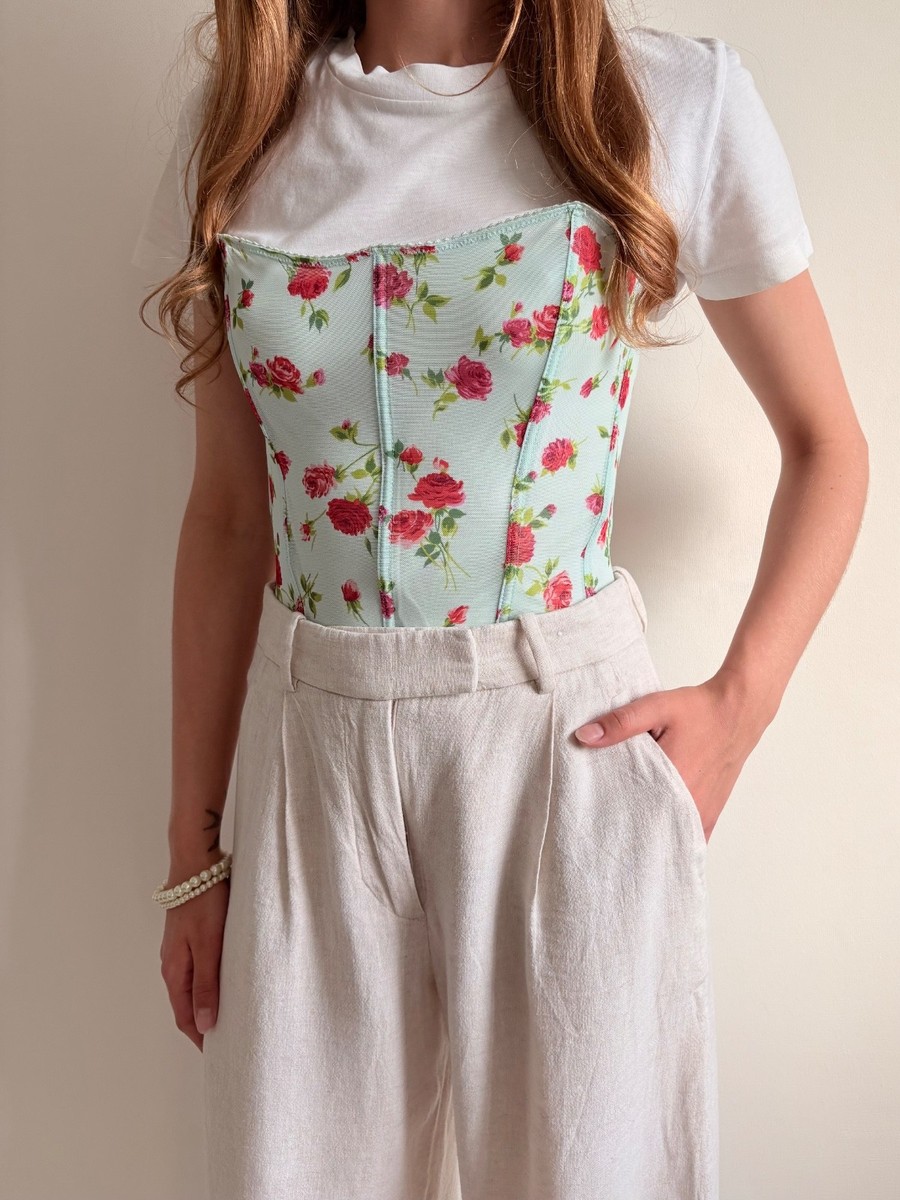 Dolce Gabbana Mesh Rose Floral Corset Top Mint Green Bustier