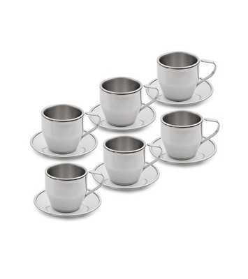 6pc Stainless Steel Cup & Saucer Set 18/10 Polished Silver Insulated Cups