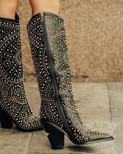 Rhinestone Studded iiimmu Womens Boots Pointed Toe and Chunky Heel Boots