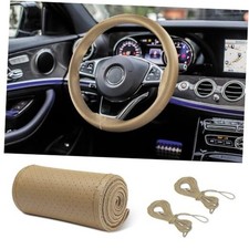 Leather Steering Wheel Cover Lace Up Car Wheel Cover 15 Inch - Hole Beige