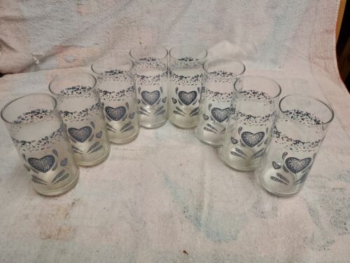 Set of 8 Corelle Blue Hearts Country Glasses / Tumblers Sponge Slanted 12 oz EUC - Picture 1 of 3