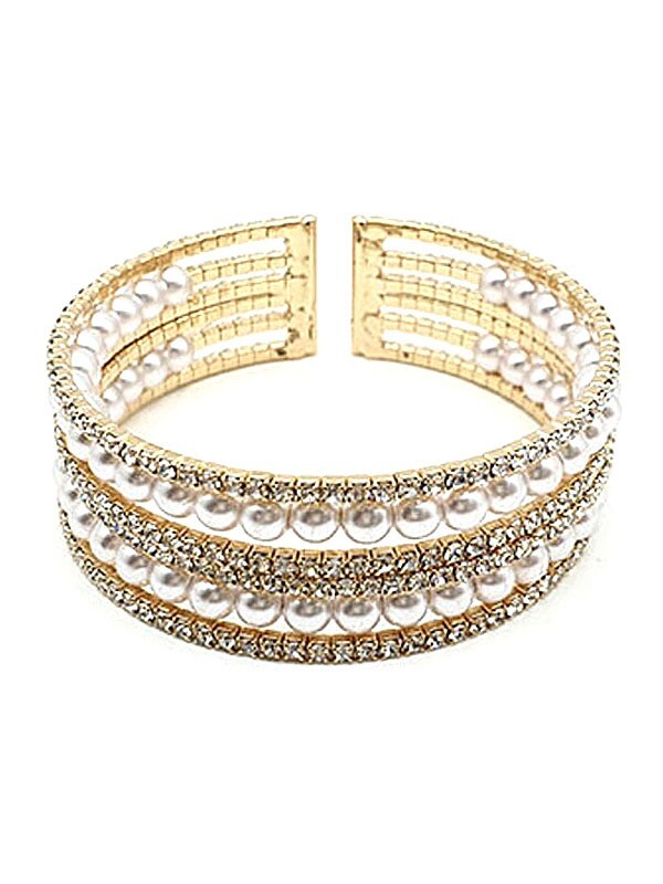 Elegant Pearl and Rhinestone Wedding Coil Bracelet for Brides