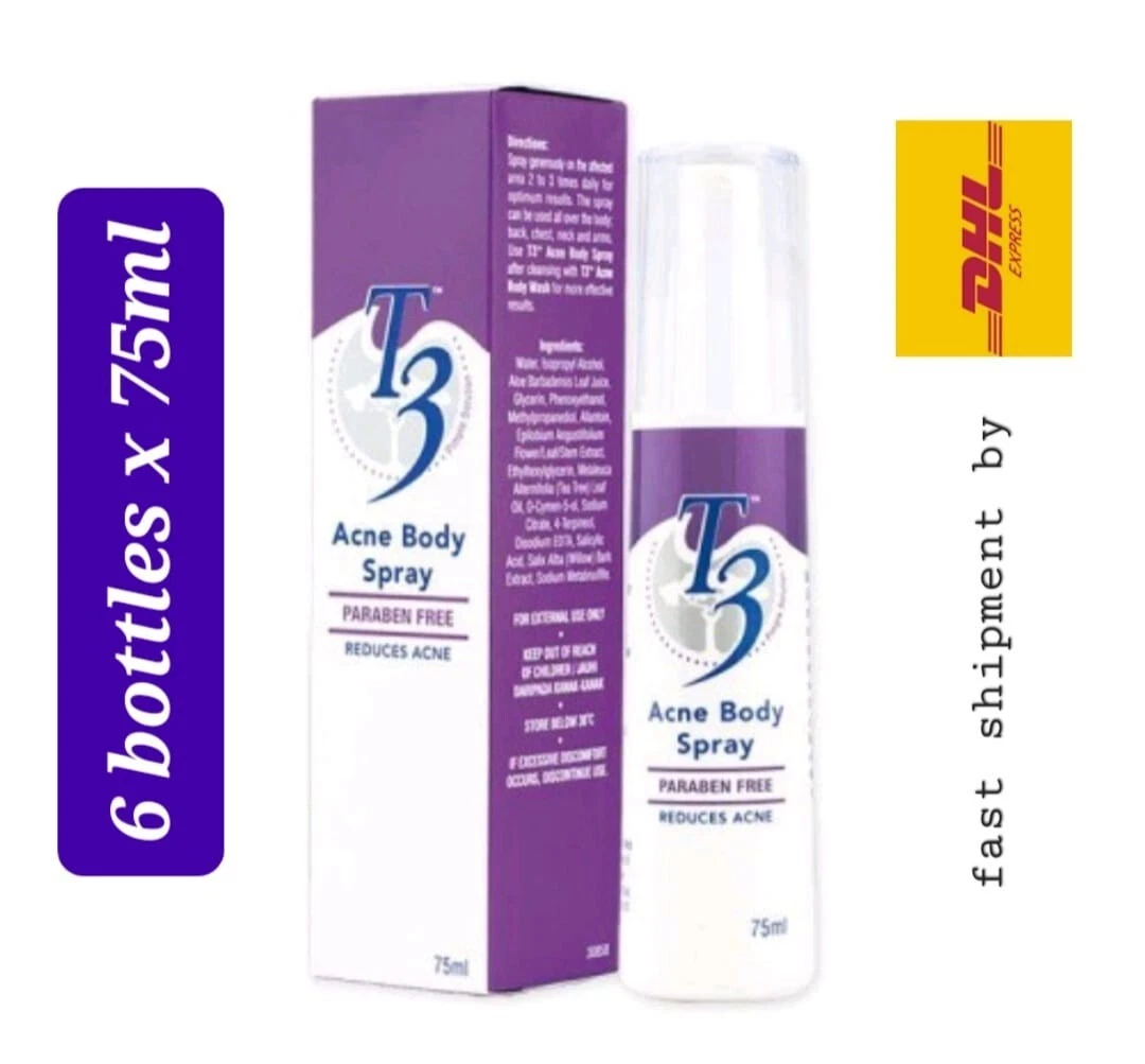 6 bottles x 75ml T3 Acne Body Spray Reduces Acne On The Back Chest Neck Arms