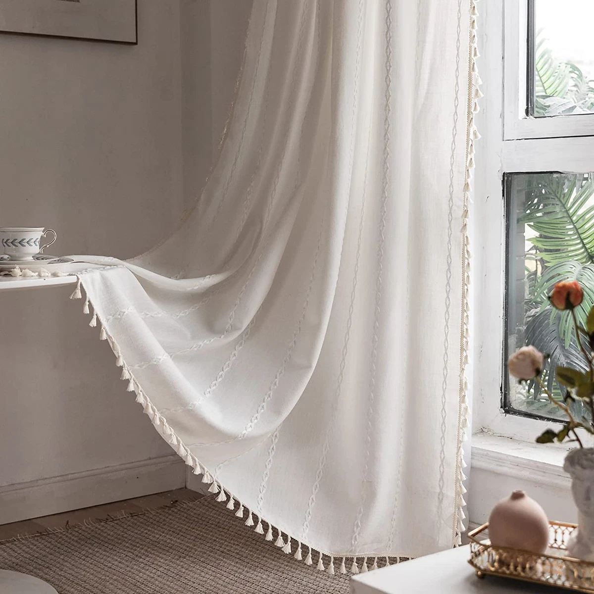 White Modern Farmhouse Textured Curtains for Bedroom Living Room