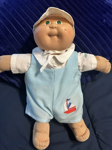 1985 Coleco Cabbage Patch Preemie Boy, Green Eyes, Tan Yarn Tuft, Orig. Outfit