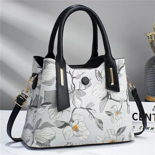 Ladies Large Size Tote Flower Print Bag Faux Leather Designer Shoulder Handbags - Picture 8 of 10