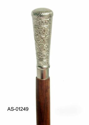 Designer Silver Brass Long Head Handle Victorian Style Wooden Cane Walking Stick