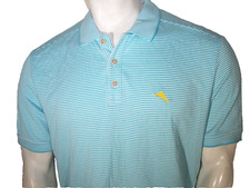 Tommy Bahama Large Aqua Striped Poly/Cotton Polo Shirt Marlin Logo