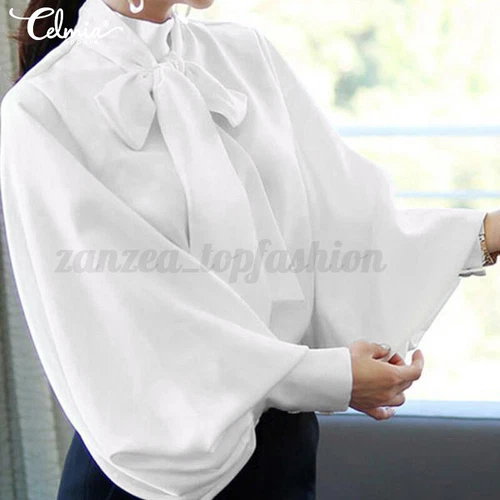 Women Bow Tie Long Puff Sleeve Satin Blouse Tee Shirt Office Ladies Oversize Top - Picture 15 of 21