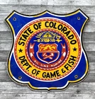 VINTAGE STATE OF COLORADO GAME & FISH PORCELAIN OIL PUMP STATION GASOLINE SIGN