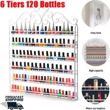 White Metal Nail Polish Display Wall Rack 6 Tier Holds 120 Bottles Organizer New