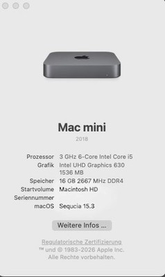 Mac mini 16 GB RAM 512 GB SSD 3Ghz 6-Core Intel Core i5 (2018), TOP ZUSTAND