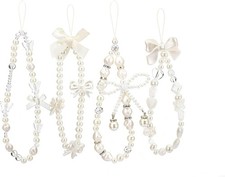 4PCS Butterfly Bow Phone Charm Wrist Strap Beaded Pearl Bracelet Lanyard Keychai