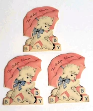 3 Unused Vintage Mini Baby Shower Cards 1940s Norcross Lamb with Umbrella