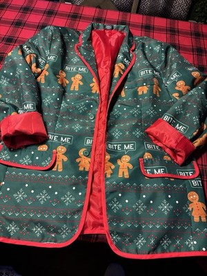 Mens Ugly Christmas green Gingerbread Man suit Jacket Bite Me Size Large EUC