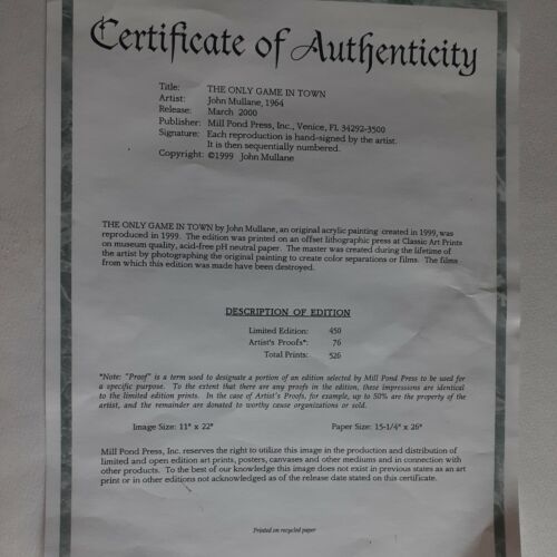 John Mullane "THE ONLY GAME IN TOWN" Artist Proof S/N 65/76 11" x 22" with COA - Picture 10 of 12