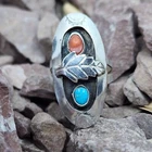 Navajo Coral & Turquoise Sterling Silver Old Pawn Vintage Ring Size 7.5