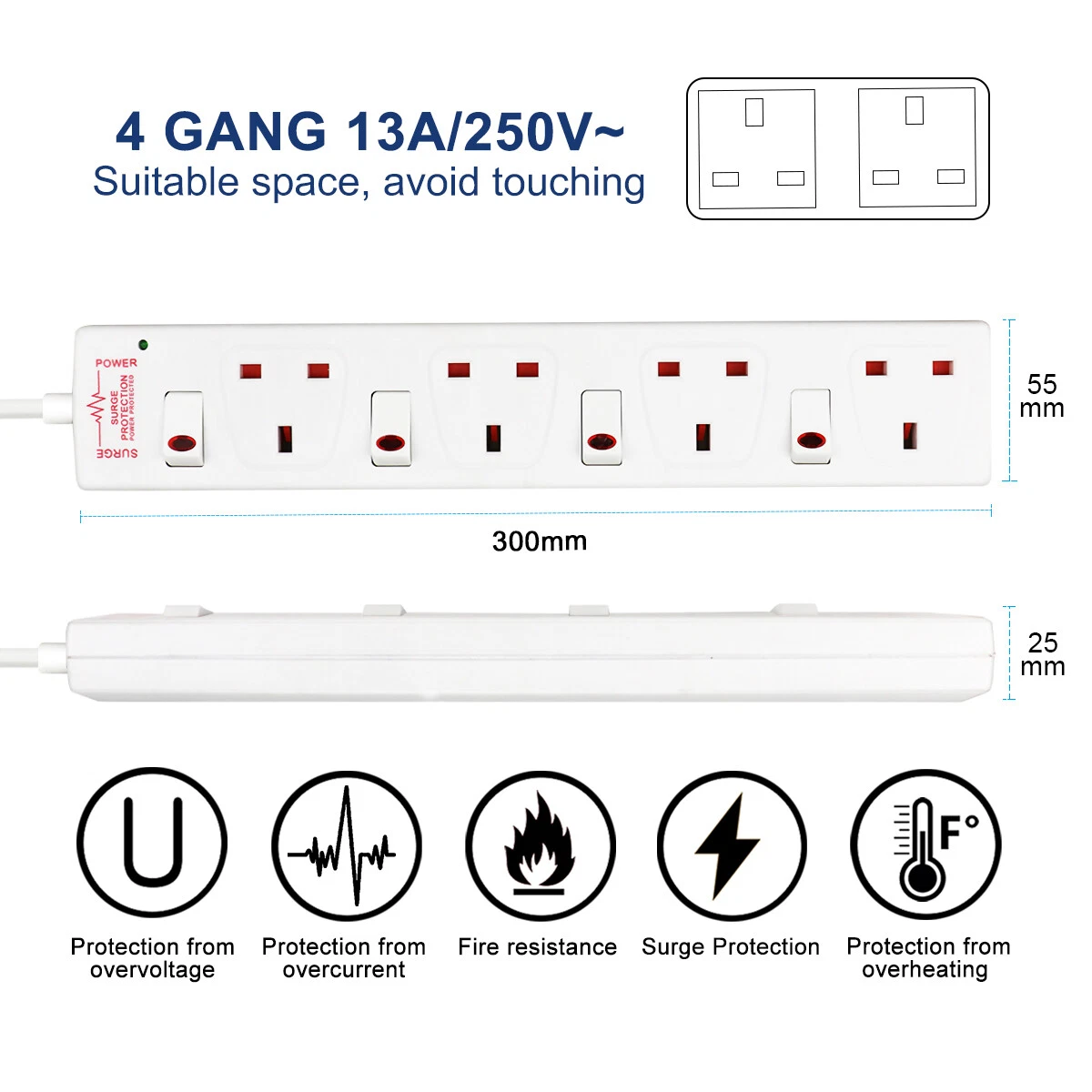 4/6 Way Gang 1m/2m/5M Cable Switched Surge Protect Extension Lead Plug Sockets - Picture 2 of 12